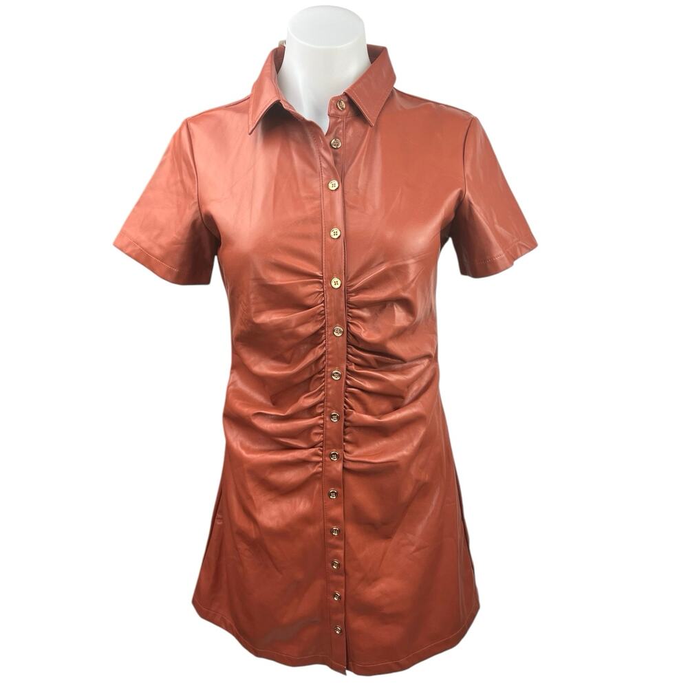 NEW Olivaceous Orange Brown Faux Vegan Leather Suede Shirt Mini Dress Size M
